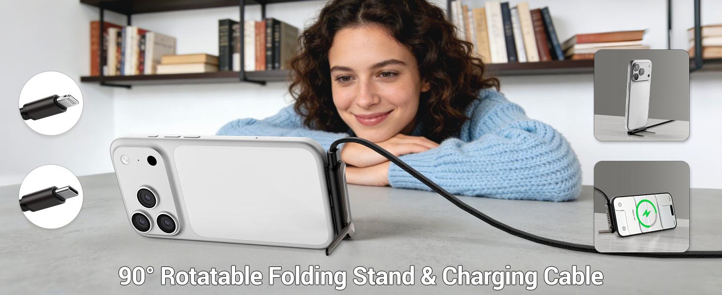 2-Pack Portable USB-C to USB-C Fast Charging Cable with Zinc Alloy Rotating Mobile Holder Kickstand, Durable Braided Connector Cord for Devices, Usb-C/ Lightning 2-Pack Portable USB-C to USB-C Fast Charging Cable with Zinc Alloy Rotating Mobile Holder Kickstand, Durable Braided Connector Cord for Devices, Usb-C/ Lightning