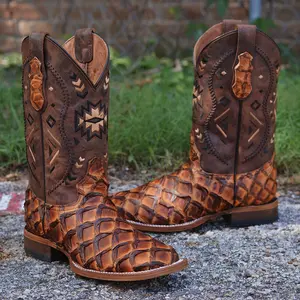 Texanos: Exotic Pirarucu Matte Ginger Square Toe Boots