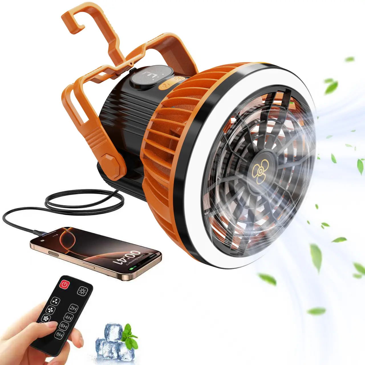 Camping tent fan with Light and Remto Control,Hanging Hook | Battery Powered, Portable Outdoor Use, Multiple Speed Settings, Built-in Hook, Tent Ceiling Fan
