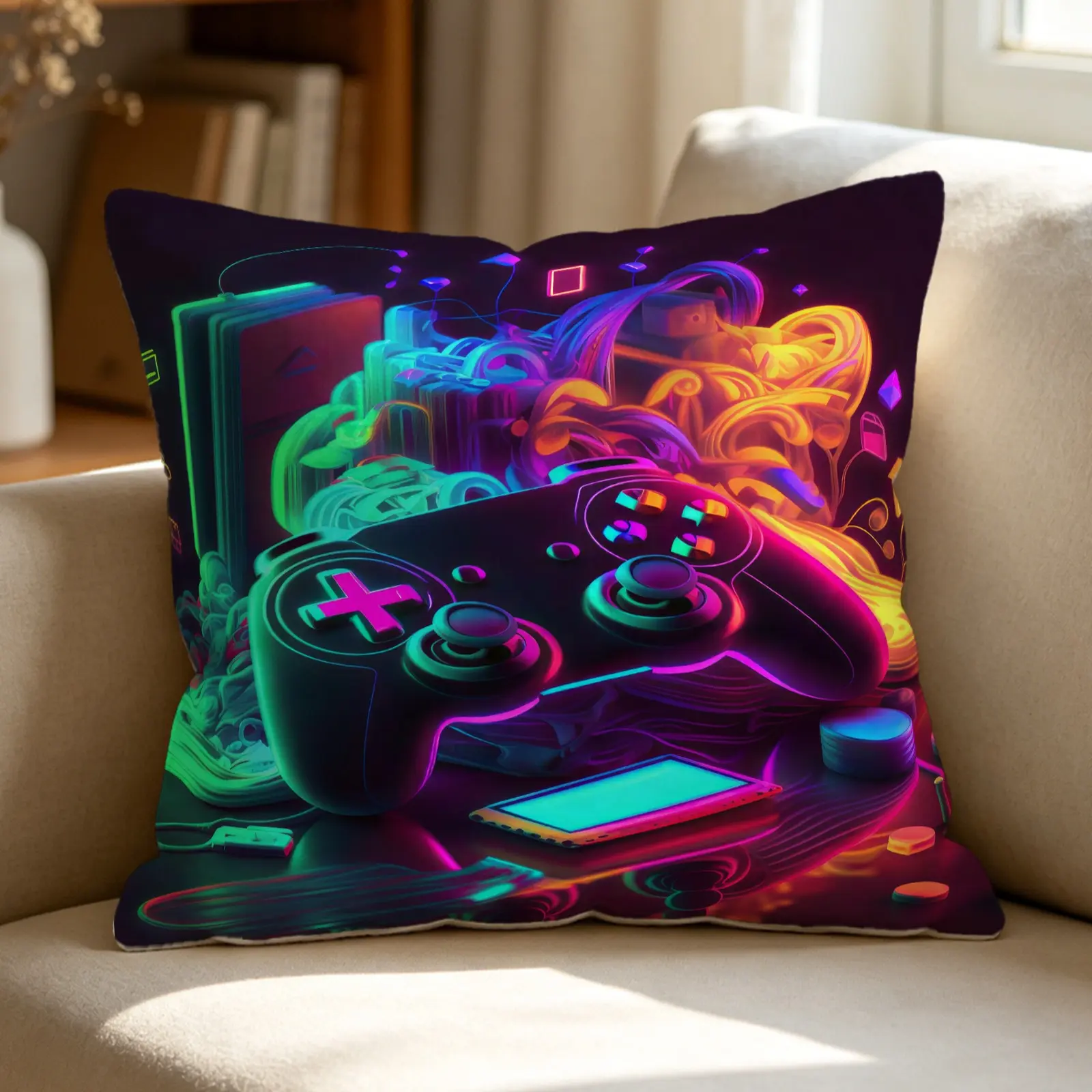 45×45 cm Neon Gaming Print Throw Pillow, Polyester Fiber Cushion, Soft and Durable With a Distinctive Design, Makes a Creative Gift