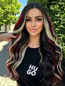 Black Red & Blonde  Highlighted Wavy Synthetic Wig, 13x4 Lace Front Wig with Pre-Plucked Hairline, Lace Wig for Valentine's Day Date Night, Party, Cosplay & Stage Performance, Valentine's Gift for Wome 28 Inch, Fashion Wig