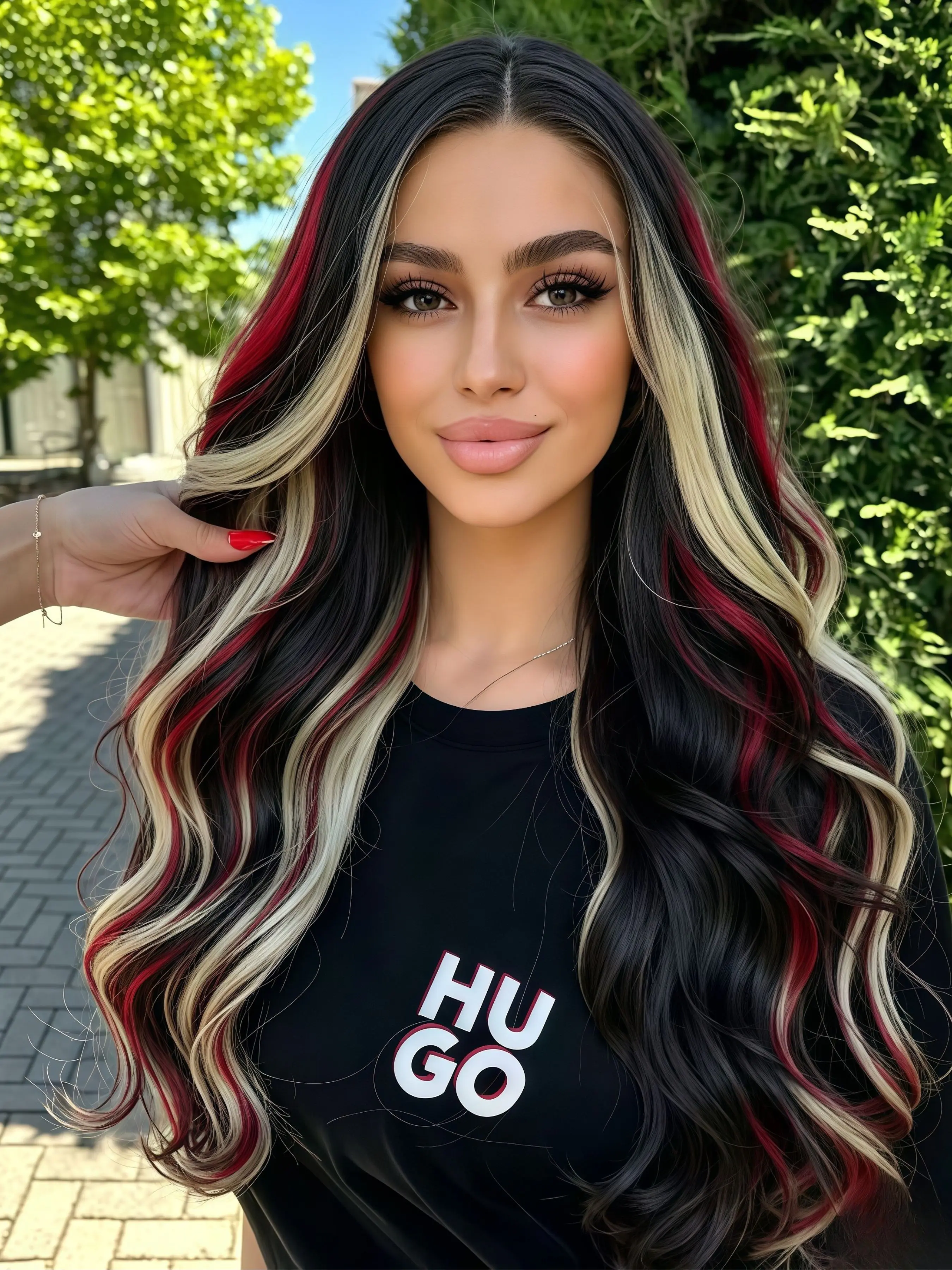 Black Red & Blonde  Highlighted Wavy Synthetic Wig, 13x4 Lace Front Wig with Pre-Plucked Hairline, Lace Wig for Valentine's Day Date Night, Party, Cosplay & Stage Performance, Valentine's Gift for Wome 28 Inch, Fashion Wig
