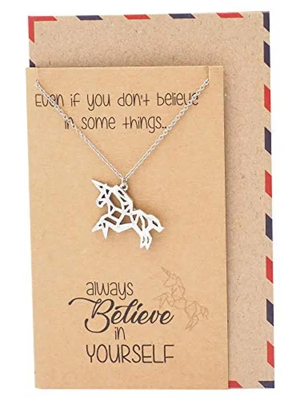 Quan Jewelry Handmade Origami Unicorn Pendant Necklace, Animal Jewelry Graduation Gifts for Women & Men with Inspirational Greeting Card, Adjustable 16" to 18" Chain - 100% Handcrafted