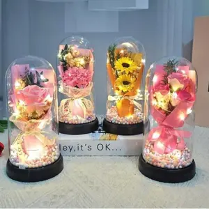 Lighted Acrylic Dome Eternal Flower Bouquet, Preserved Soap Rose Carnation Tulip Arrangement, Warm Night Light Gift for Mom, Mother’s Day Valentine’s Day Present