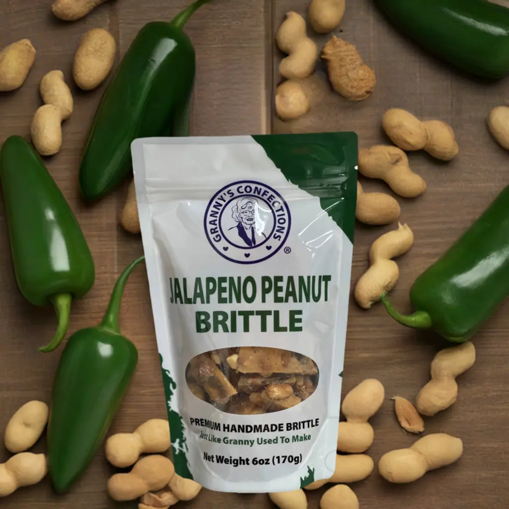 Granny's Confections Handmade Jalapeno Peanut Brittle Snack - 6oz Bag, Gluten-Free, Spicy Sweet Peanuts Candy, Made in USA Michigan, No Artificial Flavors/Colors, Traditional Family Recipe, Artisanal Gourmet Boiled & Hard Sweets