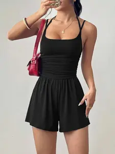 Women's Casual Ruched Loose Straight Leg Romper, Spring Summer Style, Comfortable and Stylish One-Piece