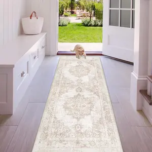Area Rug 2x6 Runner Rug: Washable Vintage Hallway Rugs Indoor Medallion Rug Low Pile Distressed Carpet Retro Rugs for Bedroom Dining Room(Beige, 2'x6')