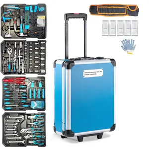 799pcs Aluminum Trolley Case Tool Set Silver, House Repair Kit Set, Household Hand Tool Set, with Tool Belt,Gift on Father's Day (Black)