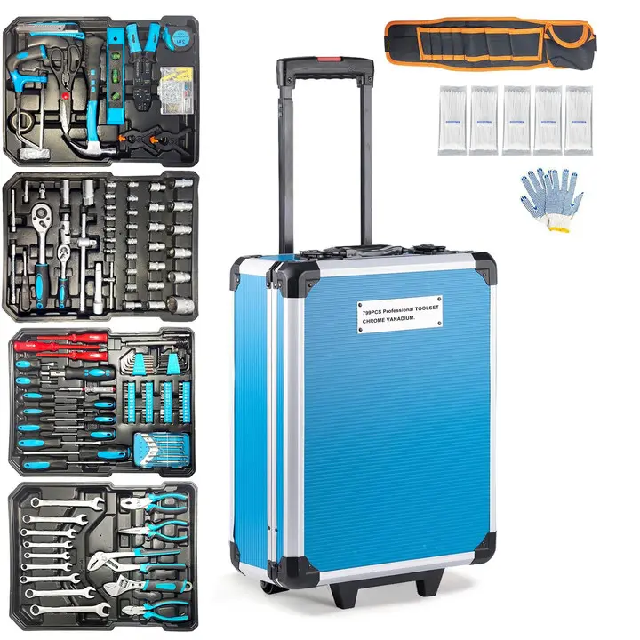 799pcs Aluminum Trolley Case Tool Set Silver, House Repair Kit Set, Household Hand Tool Set, with Tool Belt,Gift on Father's Day (Black)