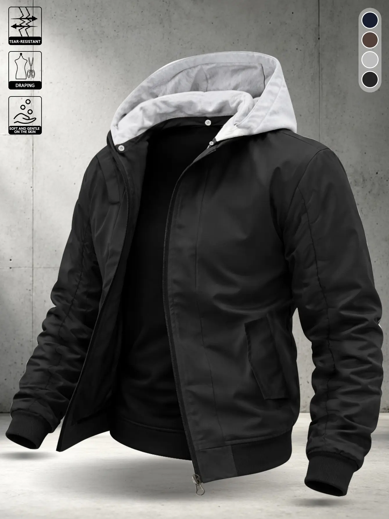 Men’s hooded baseball windbreaker jacket featuring wear-resistant, skin-friendly, smooth fabric; windproof and water-repellent, lightweight and breathable. Full-zip outerwear with a detachable button hood design, storage pockets, and elastic cuffs. Suitab