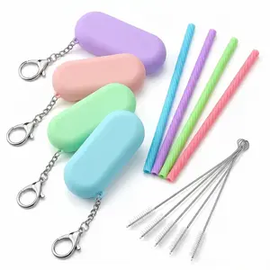 4 Sets Cruise Ship Essentials,4 Set Silicone Straws with Case Reusable Silicone Portable Drinking Straw Set for Party Travel Cold or Hot with 4 Carry Case, 4 Cleaning Brushes (Classic Color)