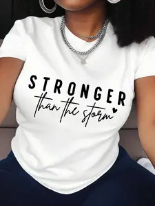 Women's Letter & Heart Print Round Neck Tee, Casual Short Sleeve Fitted Crew Neck Breathable T-shirt Top for Daily Wear, Ladies Clothes for All Seasons