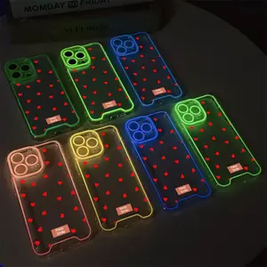 Minimalist High-End Full-Screen Red Heart Keep Smiling Transparent Neon Candy Color Glow-in-the-Dark TPU Case Soft Clear Protective Cover for Apple iPhone 16, 15, 14, 13, 12, 11, X, XS, XR Plus Pro Series Models