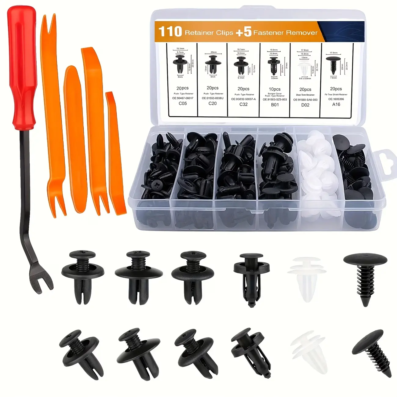 115pcs 6 Sizes Retainer Clips Set, Auto Door Trim Panel Clips, Expansion Screws Replacement Kit Accessories, Bumper Push Rivet Clips with Storage Box Automotive