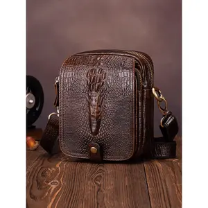 Men's Genuine Leather Crossbody Bag, Crocodile Pattern Shoulder Bag, Fashion Phone Pouch for Daily Commute, Stylish Handbag for Men, Leather Shoulder Bags