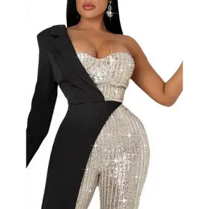 Women's Silvery Splicing Sequin One Shoulder Fashion Sequin Jumpsuit, Evening Wear, Casual Fashion, Stylish Onepiece, Trendy Jumpsuit, Lightweight Fabric, Comfortable Fit, Women's Onepiece, Long Sleeve Jumpsuit, Young Professionals, Fashion