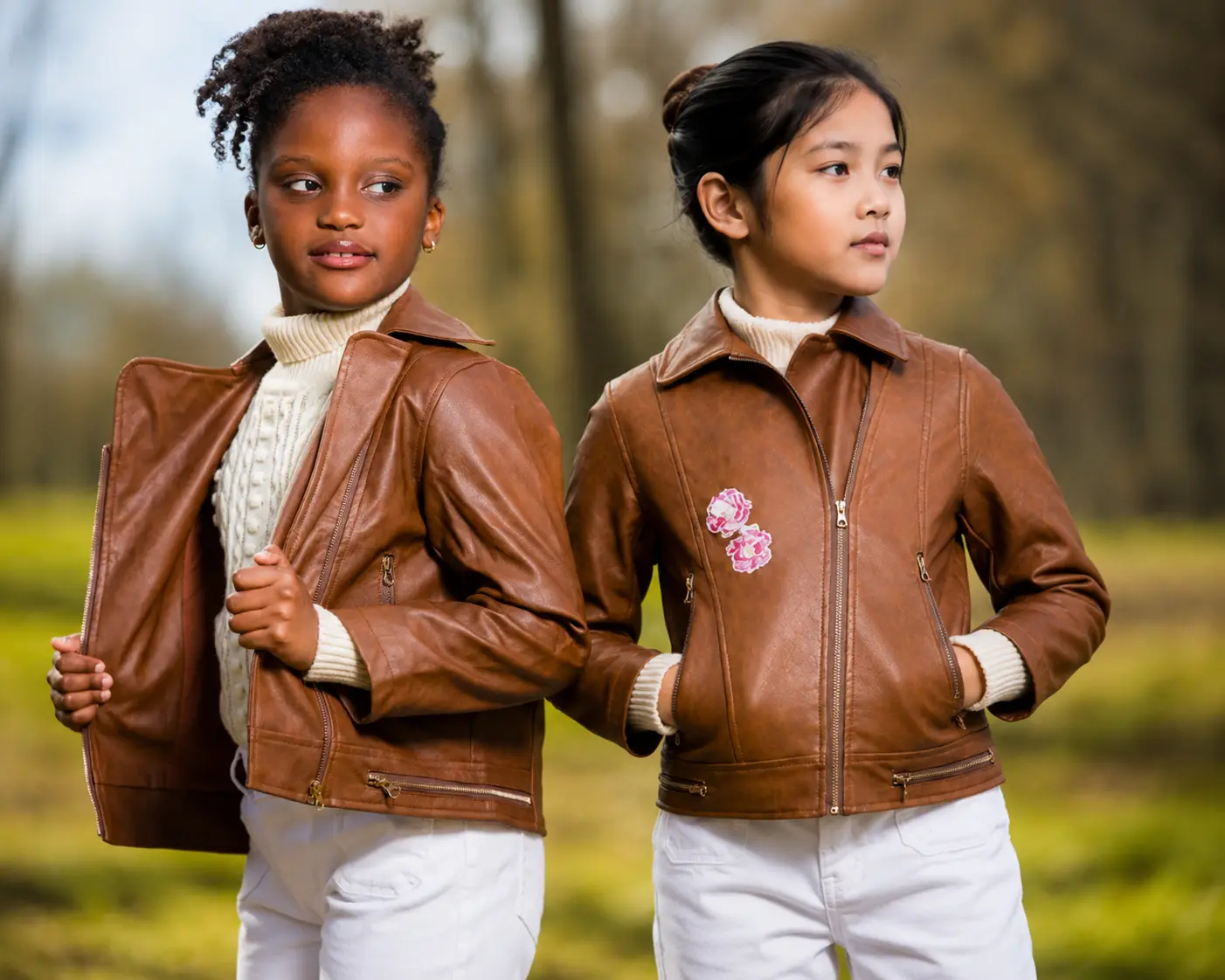 Tan Faux Leather Jacket with Floral Embroidery