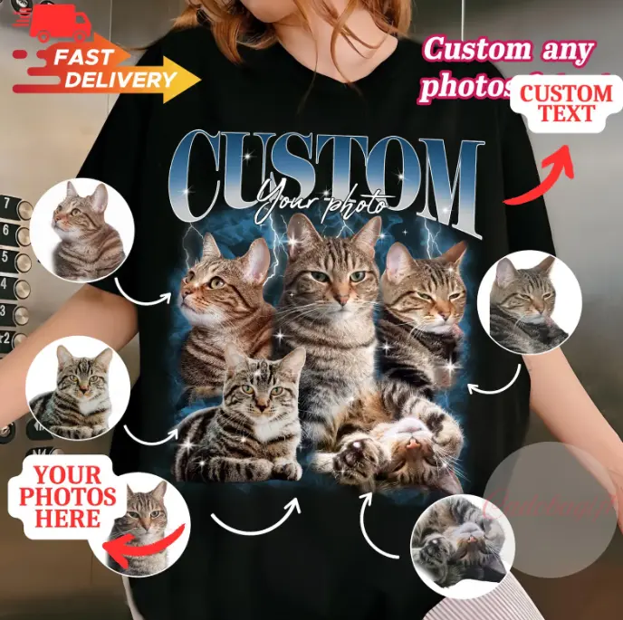 Custom Vintage Bootleg Pet Shirt, 90s Tee, Personalized Dog Cat Photo Name T-Shirt, Custom Pet Portrait Graphic Retro Shirt