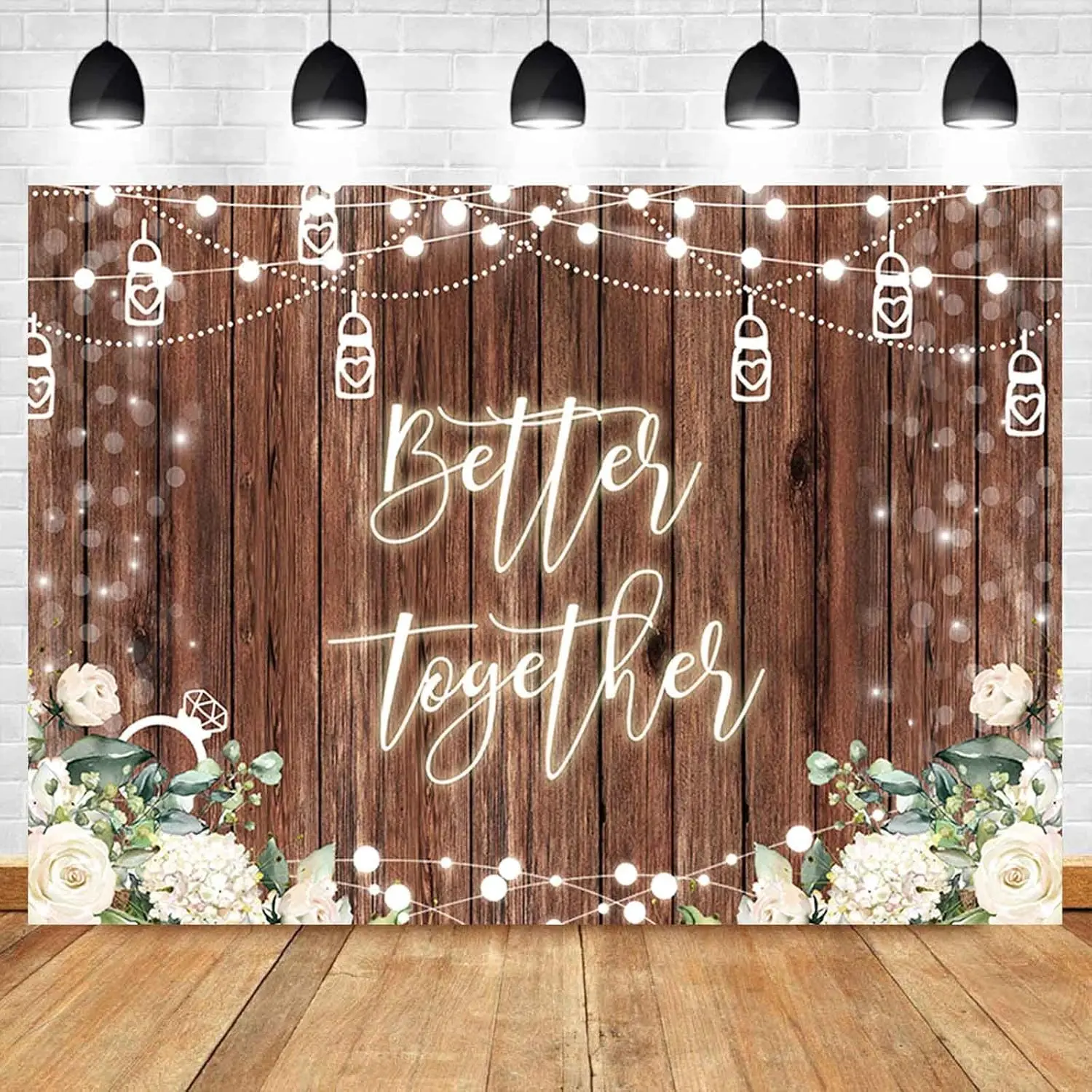 Rustic Floral Wedding Backdrop Wooden White Flower Style Polyester Fabric Photography Background Wrinkle Resistant HD Print Engagement Party Decor Photo Booth