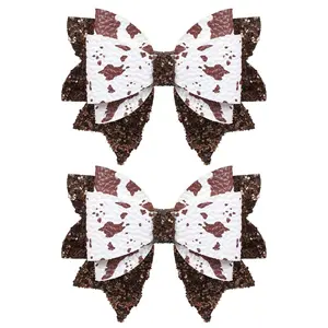2 Pack 3.5-Inch Glitter Sparkly Brown Cow Hair Bow Clips for Western Cowgirls Cute Moo Cow  Hairpins Barrettes  Teens Women  Birthday Party Decorations