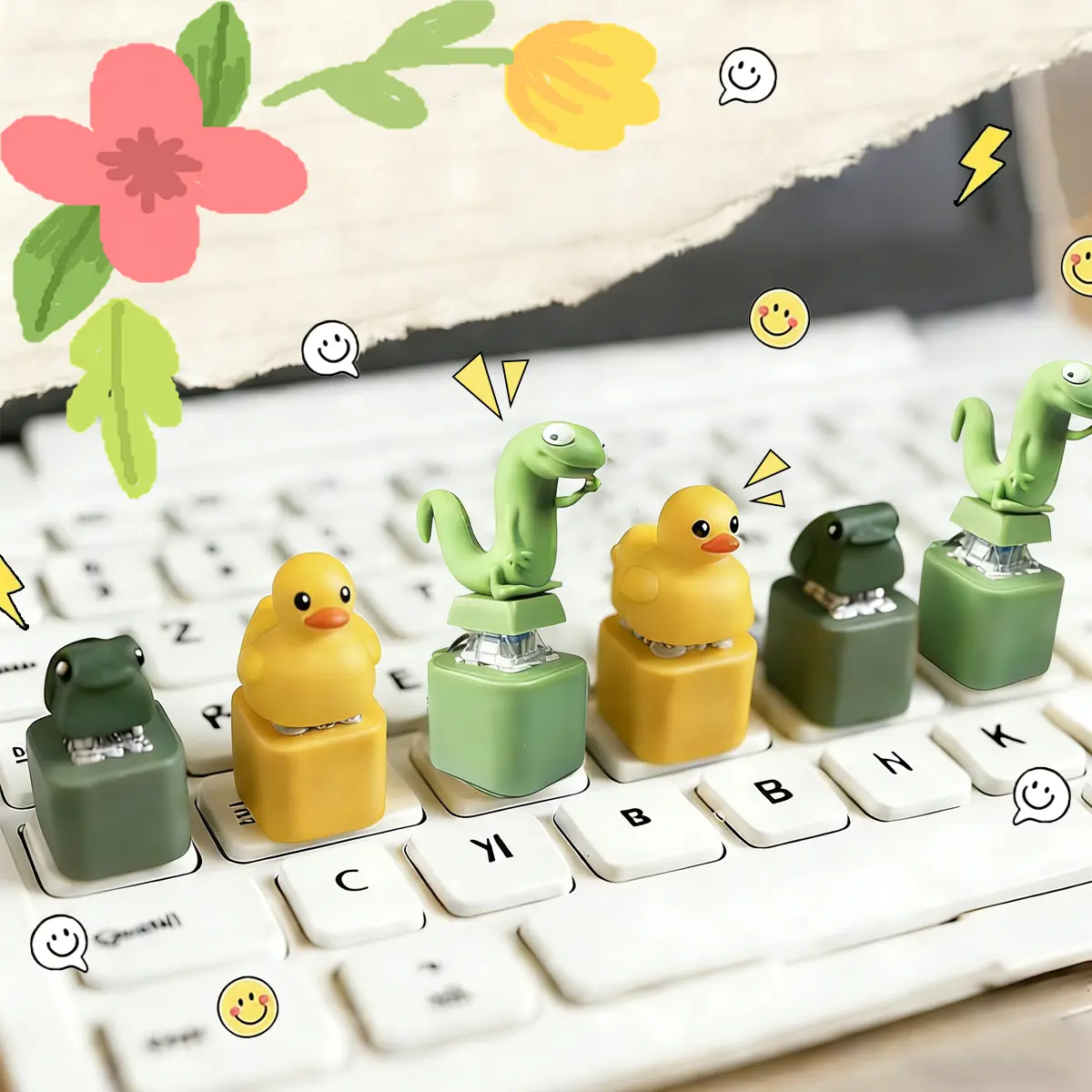 Compact Animal Shapes Keyboard Clicker Fidget Keychain for Adults Seeking Stress Relief, Rechargeable Light-Up Sensory Toy (Frog/Duck/Lizard) - Fashion Accessory Keychain