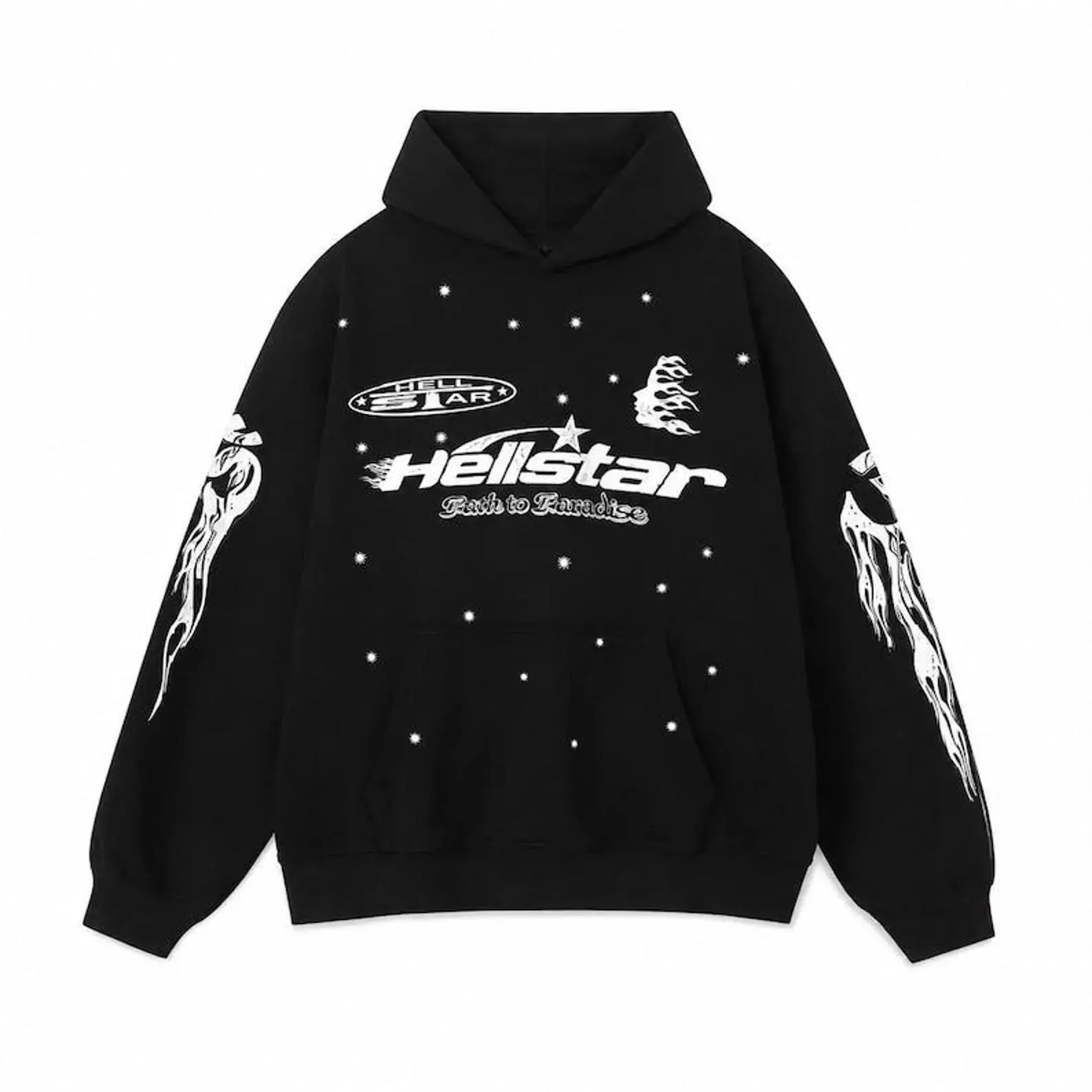 Hellstar Graphic Hoodie, Black Flame Print Pullover Hoodie, Y2K Gothic Streetwear Sweatshirt, Star Graphic Oversized Hooded Top for Men & Women
