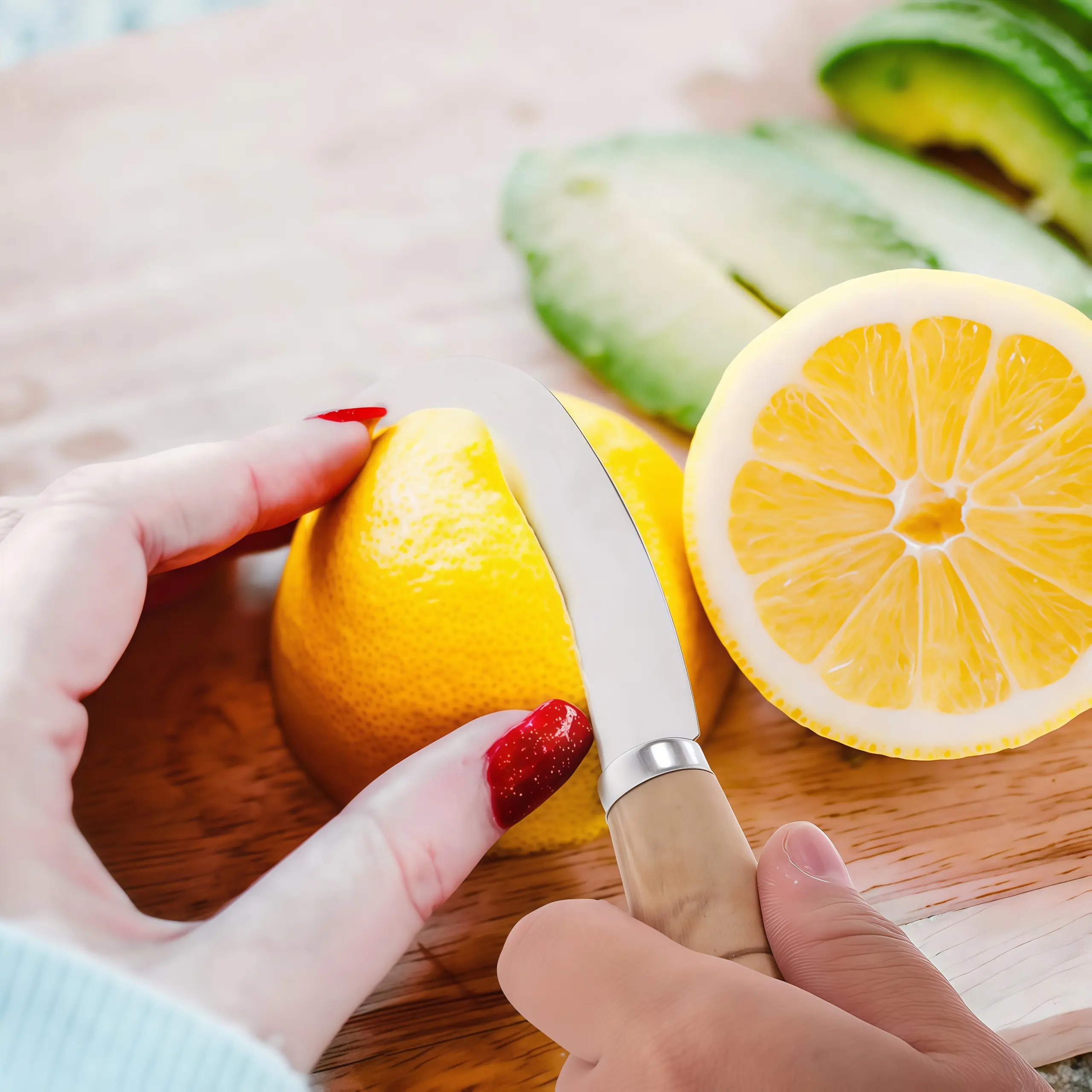 2pcs wooden handle curved fruit cutter, citrus and lemon peeling knife, multifunctional mini curved blade knife, mango and pineapple fruit peeling tool, household curved fruit peeling knife