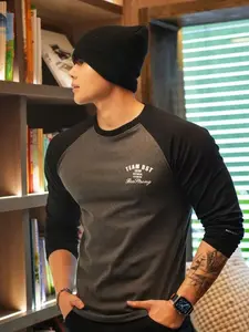 Men's Long Sleeve Sporty Patchwork Print T-Shirt, Fall Winter Fitness Casual Outdoor Running Top, Colorblock Design for Men