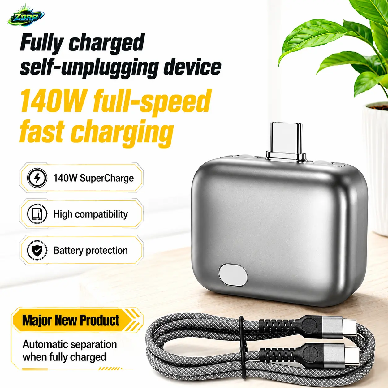 ZORP 140W Type-C Charging Adapter Split Charger, Physical Power-Off to Protect Battery - Automatic Pop-Up Charger, Suitable for Smartphones, Laptops, Tablets, Overcharge Protection Technology Ensures Safe Use at Night