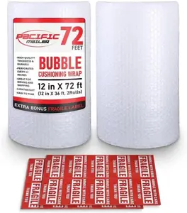 Bubble Cushioning Wrap, Pacific Mailer Perforated Packing & Moving Supplies - 516 in x 12 in x 72 ft Total (2 Rolls of 36 ft) for Office Stationery, Gift Wrapping