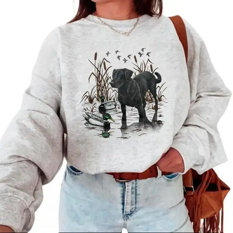 Vintage 90s Black Labrador Dog and Duck Nature Animal Lover Crewneck Sweatshirt Cotton Fabric