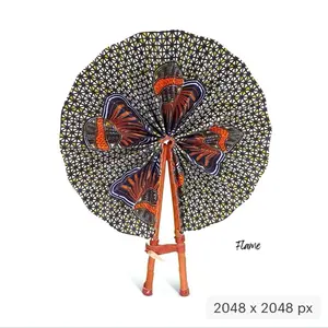 Tia Woven Goods Fabric Fan - Handmade African Fabric, Unique Design, Sturdy Leather Handle, Foldable for Easy Storage - Decor, Artistic Accessory Pack Room