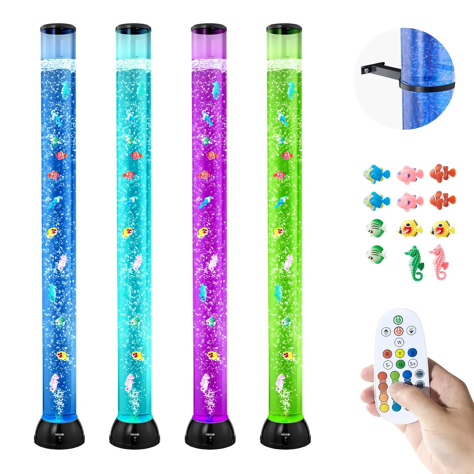 VEVOR 48-Inch Color Changing Sensory Bubble Tube Lamp, 10 Floating Fish, 16 Color Effects, Remote Control, Simple Setup Stress Reliever Anxiety Relief Light for Bedroom Decor, Calming, 48 In