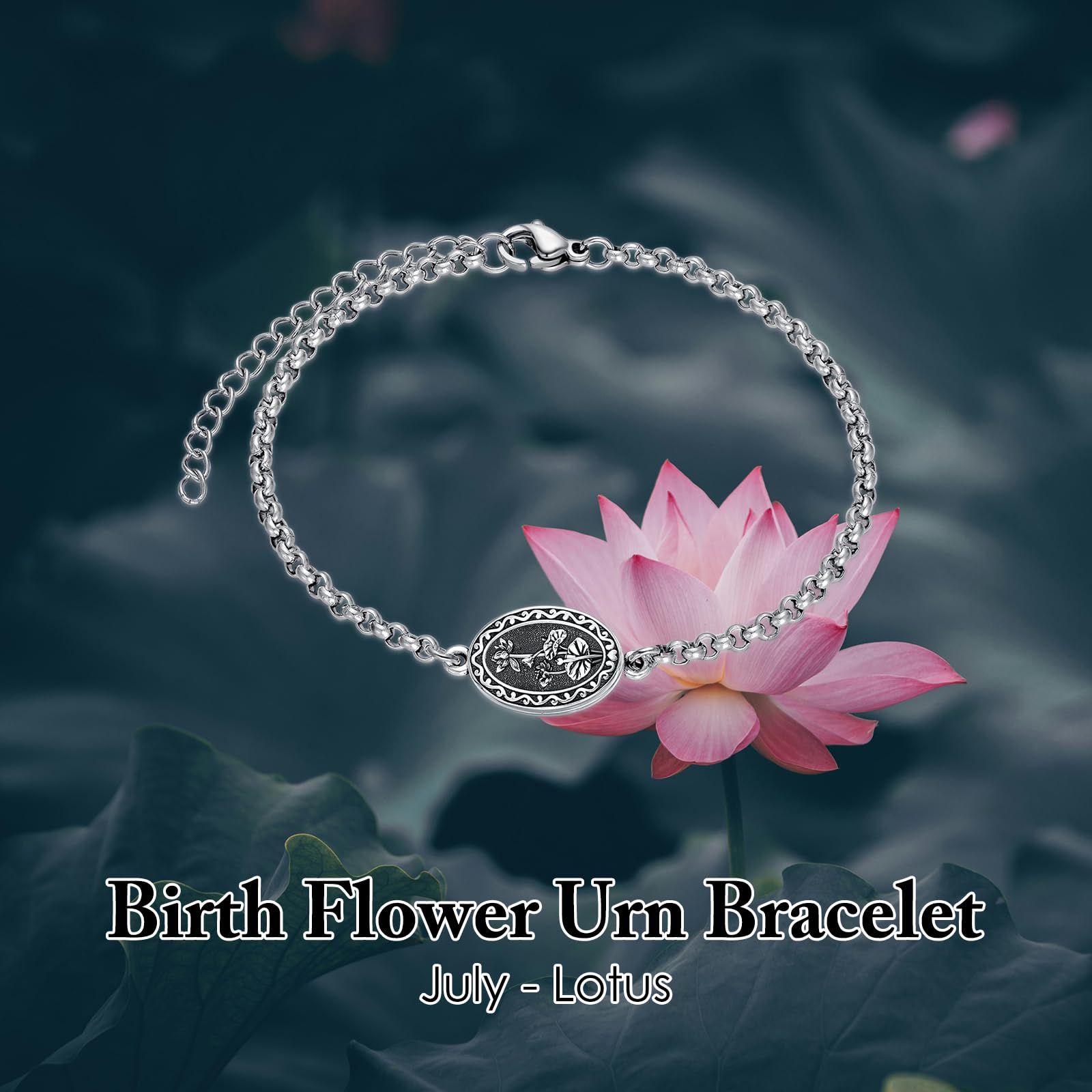 MEIDERBO Dream Chaser Birth Flower Urn Bracelet 925 Sterling Silver July Lotus Pendant Holds Ashes Bella Chain Stainless Steel Bead Chain 7+2 Inch