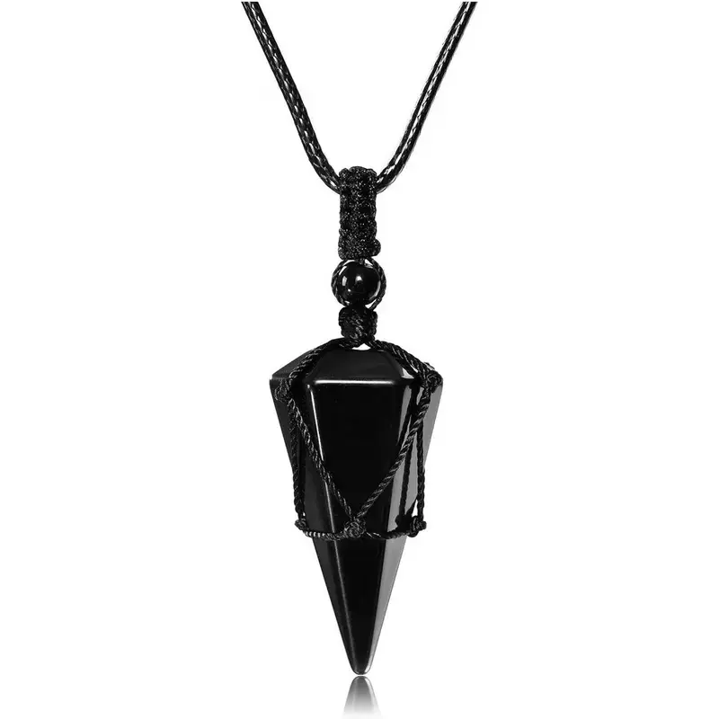 Natural Black Obsidian Talisman Hexagonal Point Column Pendant Necklace, Crystal Energy Reiki Jewelry, Healing Fashion Chakra Ornament, Protective & Lucky, Unisex, Thoughtful Gift