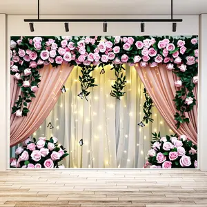 1 piece decorative background banner with fairy lamp, (butterfly decoration - transparent light background, romantic fantasy elegant bedroom living room wedding party home decoration