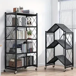 No Installation-Free Home Storage Rack Multi-Layer Foldable Kitchen Mobile Storage Rack Heavy-Duty Carbon Steel Large Foldable Floor-Standing Wheeled Living Room Movable Storage Organiser Shelf 3/4/5 Layers Modern Simple   Organiser