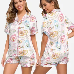 Pastel Kawaii Pajama Set – Cute Frame Print Satin Sleepwear for Women, Sweet Bow & Candy Pattern PJs, Girly Aesthetic Lounge Set