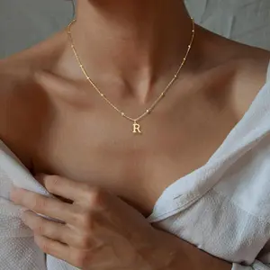 Dainty A-Z Initial Pendant Letter Charm Unisex Necklace - Long Personalized Name Accessory, Trendy Simple Women's Costume Jewelry for Daily Wear & Party Gifting herringbone