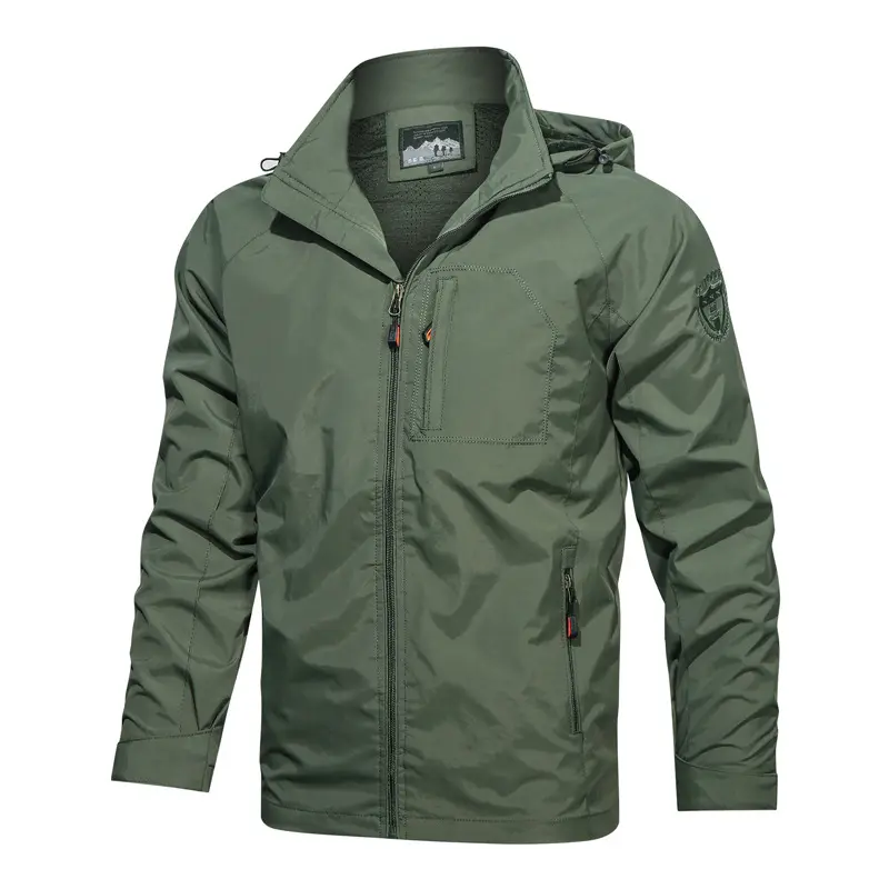 Men's Hooded Outdoor Tactical Jacket: Multiple Zipper Pockets + Emblem Detail Functional Coat for Hiking Camping Casual Wear