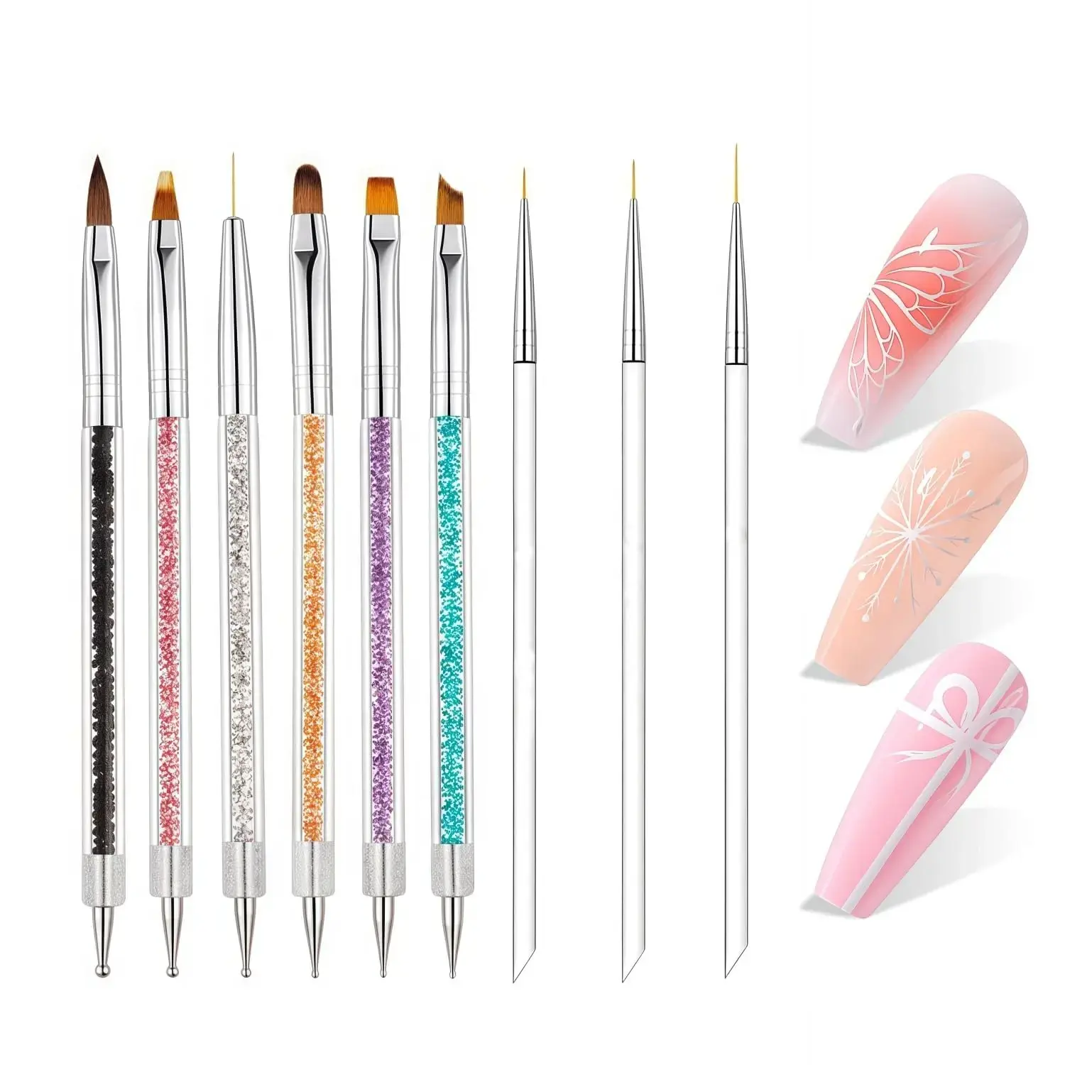 Women's 9pcs Dual-Ended Stainless Steel Nail Art Brushes Set - Dotting Pens, Detail Liner Brushes for Glitter, French, Acrylic DIY Nail Designs, Professional Manicure Tools for Beginners, Girls' Gift