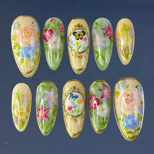 jasonj.nail Vintage Floral Garden Press-On Nails, Hand-Painted Roses, Wildflowers & Butterfly Frame Detail, Soft Green Nude Base with Gold Outline, Elegant Cottagecore Aesthetic, Custom Handmade Nail Art for Feminine Looks