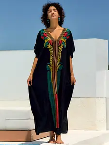 Women Boho Ethnic Embroidery Dress, Beach Vacation Bikini Cover-Up, Summer Coverup, Swimsuit Cover Up, Swimwear Coverups, Loose Fit Sun Protection Top, Casual All Seasons