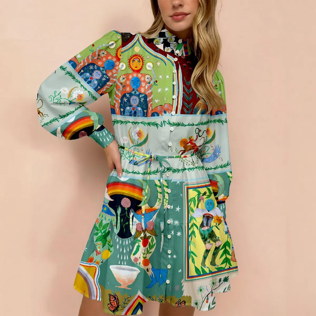 Whimsical Tribal-Style Printed Shirt Dress with Cinched Waist — An Artistic, Retro-Inspired Dress Featuring Ruffles and Vacation-Themed Prints