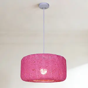 15.8 Inch Boho Pink Rattan Pendant Light, White Wrought Iron Bohemian Chandelier for Dining Room Bedroom