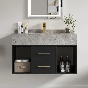 Homary 35.4" Floating Bathroom Vanity with Sink, Modern Wall-Mounted Vanity Bathroom Cabinet with Sintered Stone Countertop, Undermount Sink & Black, 2 Open Storage Shelves