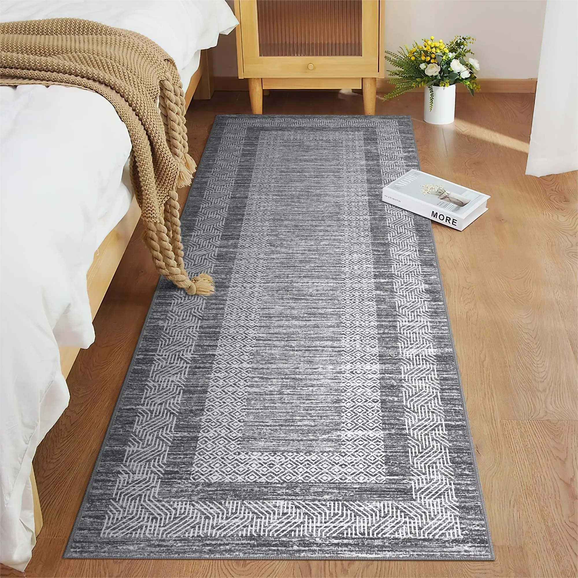 【GARVEE】2x6 Modern Bordered Runner Rug Soft Non Slip Runner Washable Non Shedding Floor Carpet, Distressed Geometric Hallway Runner, Indoor Printed Runner for Kitchen, Entrance, Gray
