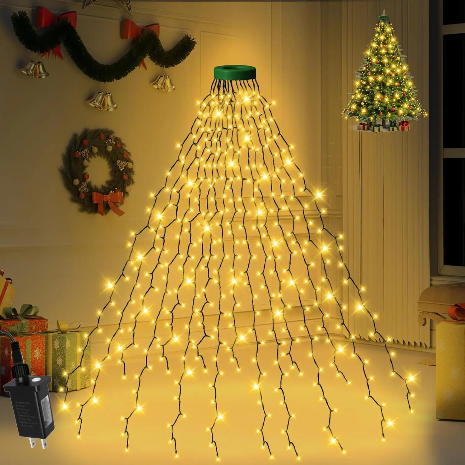 Christmas Tree Lights Indoor 280 LED Christmas Lights for Tree Twinkle Timer 8 Modes Waterproof 6.6FT x 16 Lines for Christmas Decorations Outdoor with Memory Function, Warm White