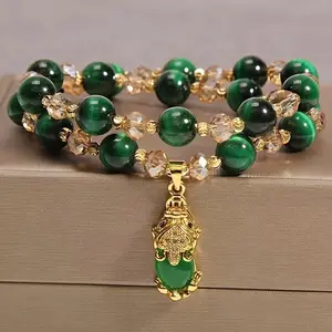 Natural Stone Tiger Eye Stone Pixiu Charm Beaded Bracelet, Single/Double Chain Wrap Bracelet For Women And Men