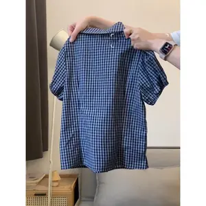 Japanese Plaid Puff Sleeve T Shirt and Cardigan Set Women Summer 2025 Casual Loose Fit Retro Blouse Vintage Sweet Girl Outfit
